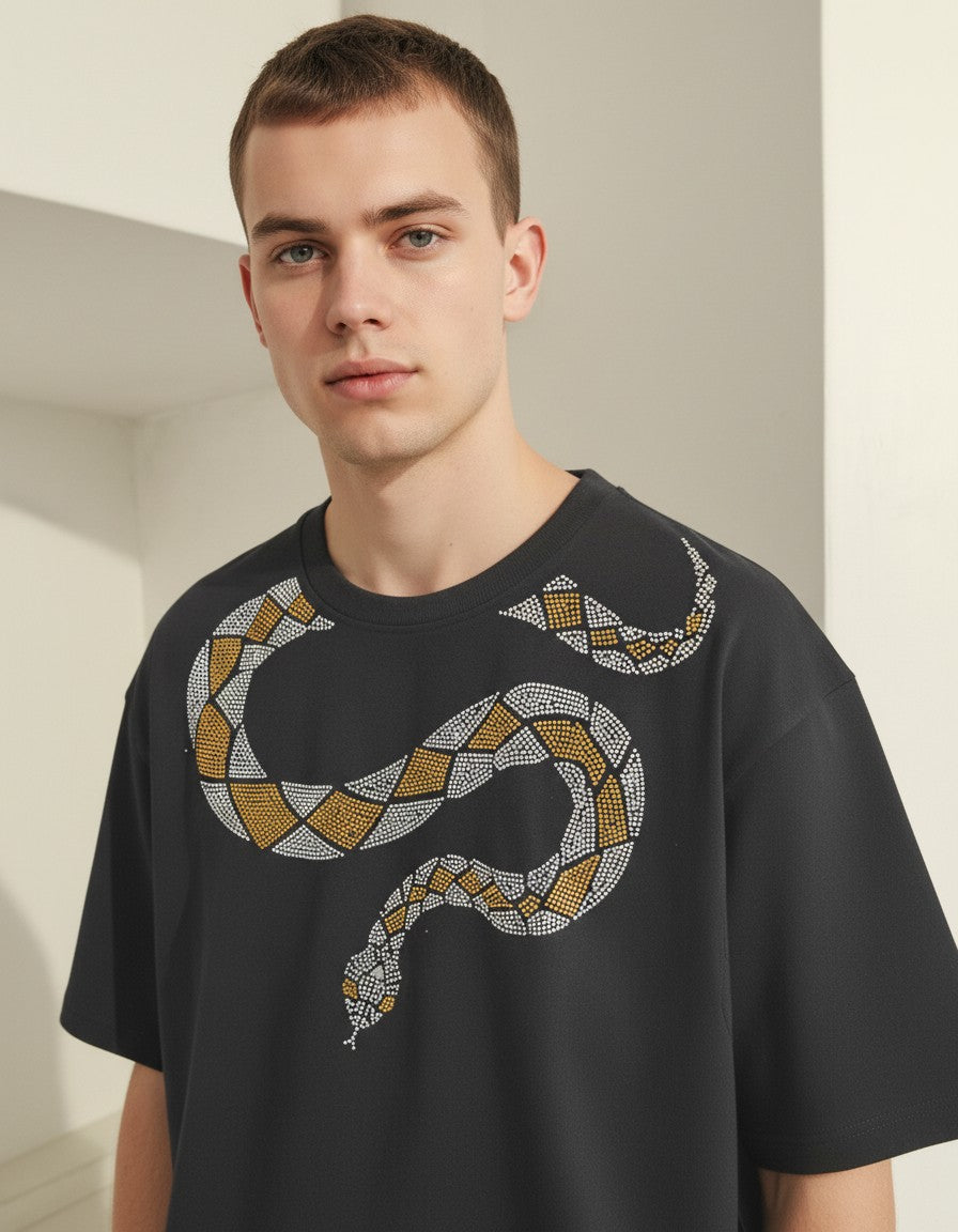 BLACK PARTY WEAR COBRA OVERSIZED T-SHIRT