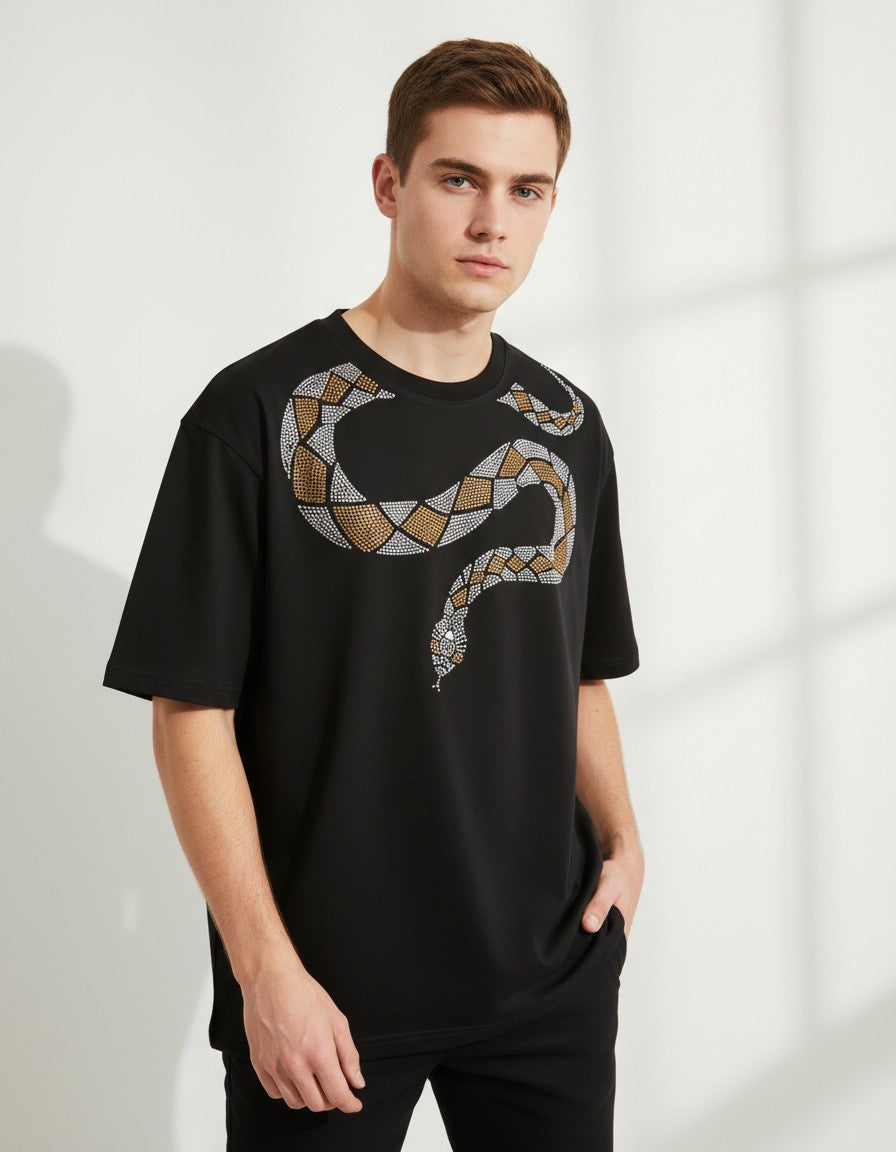 BLACK PARTY WEAR COBRA OVERSIZED T-SHIRT