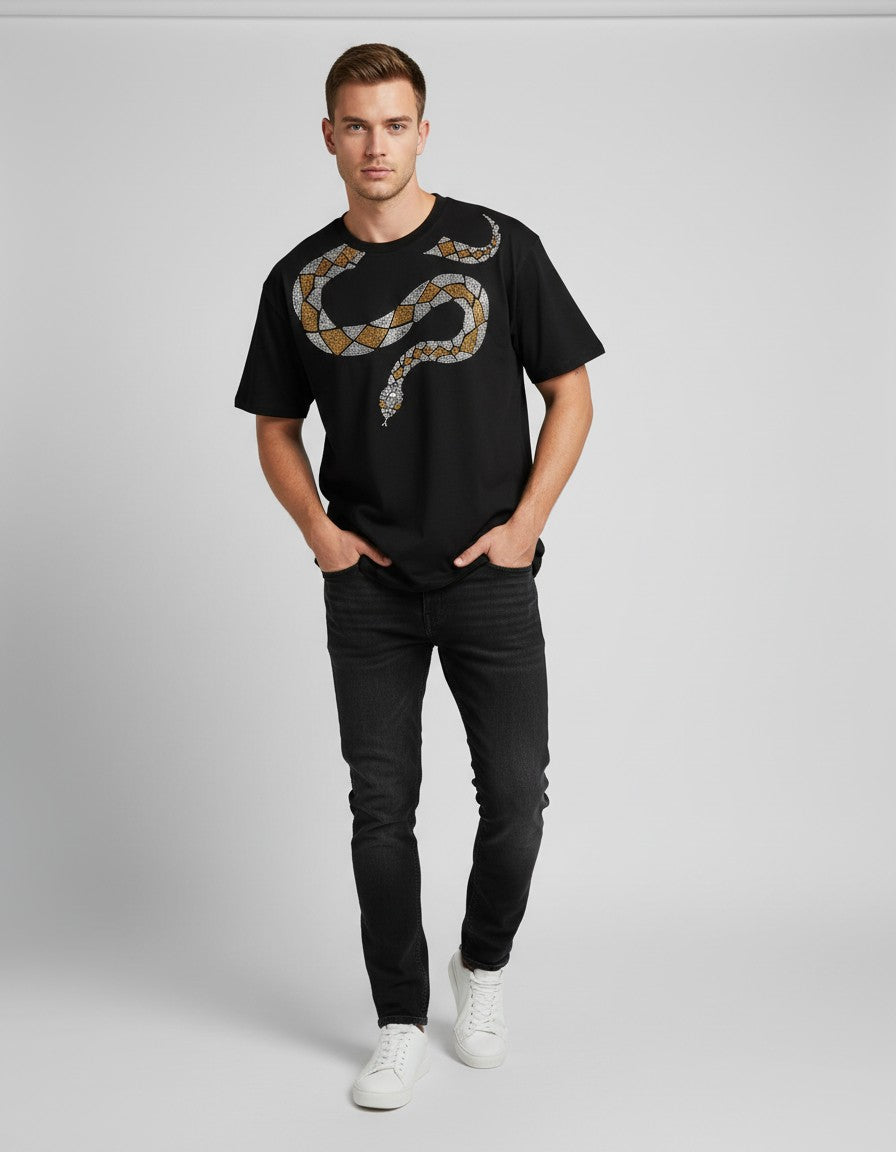 BLACK PARTY WEAR COBRA OVERSIZED T-SHIRT