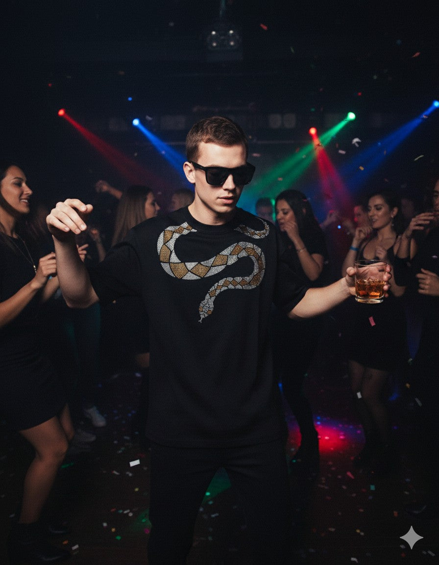 BLACK PARTY WEAR COBRA OVERSIZED T-SHIRT