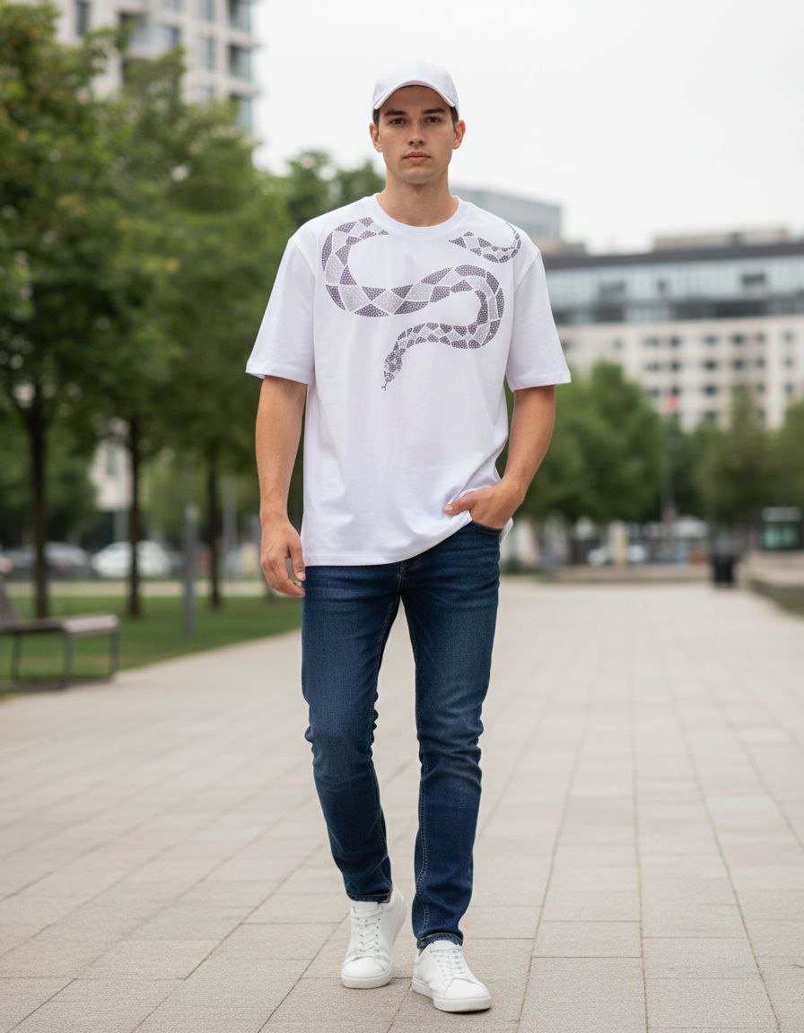 WHITE PARTY WEAR COBRA OVERSIZED T-SHIRT